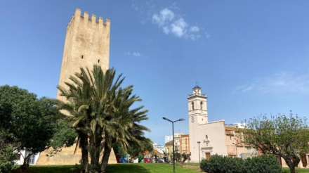Almussafes, Valencia, Spain. April 14, 2022. View of Almussafes castle and church
